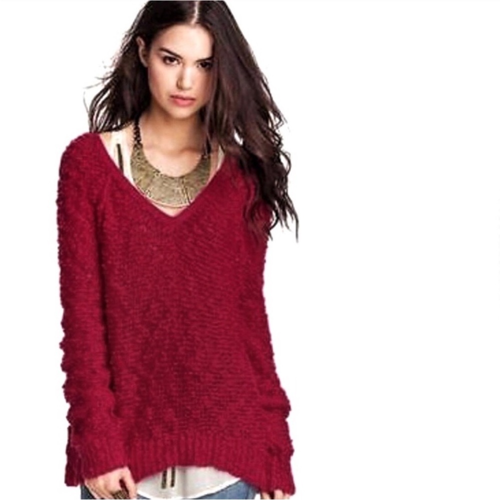 Free‎ People Songbird Nubby Knit Sweater Red Wine Maroon Sweater